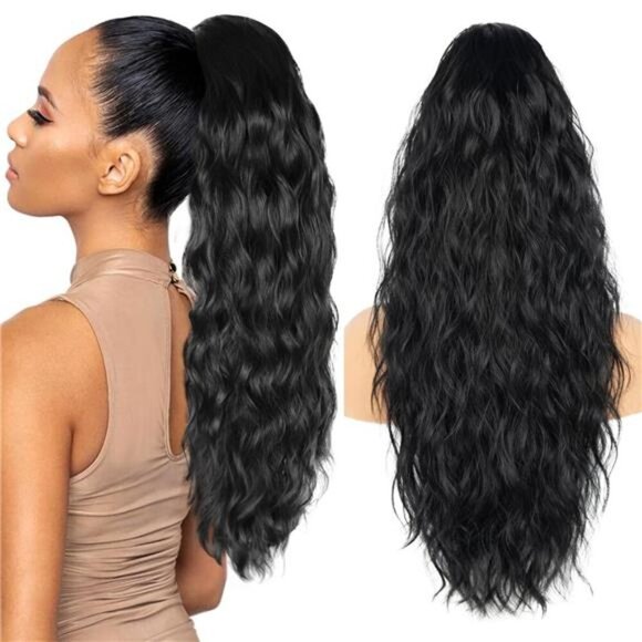 26 inch Black Ponytail Extension, Drawstring Ponytail for Women, Long Wavy Pony - Picture 1 of 7